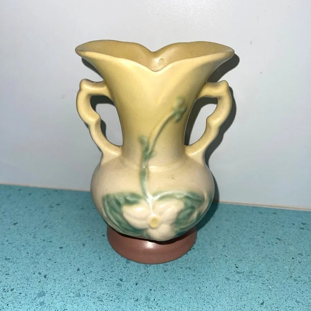 Hull Flower Vase Ceramic Vintage Two Handle Decorative Yellow Green Made In USA